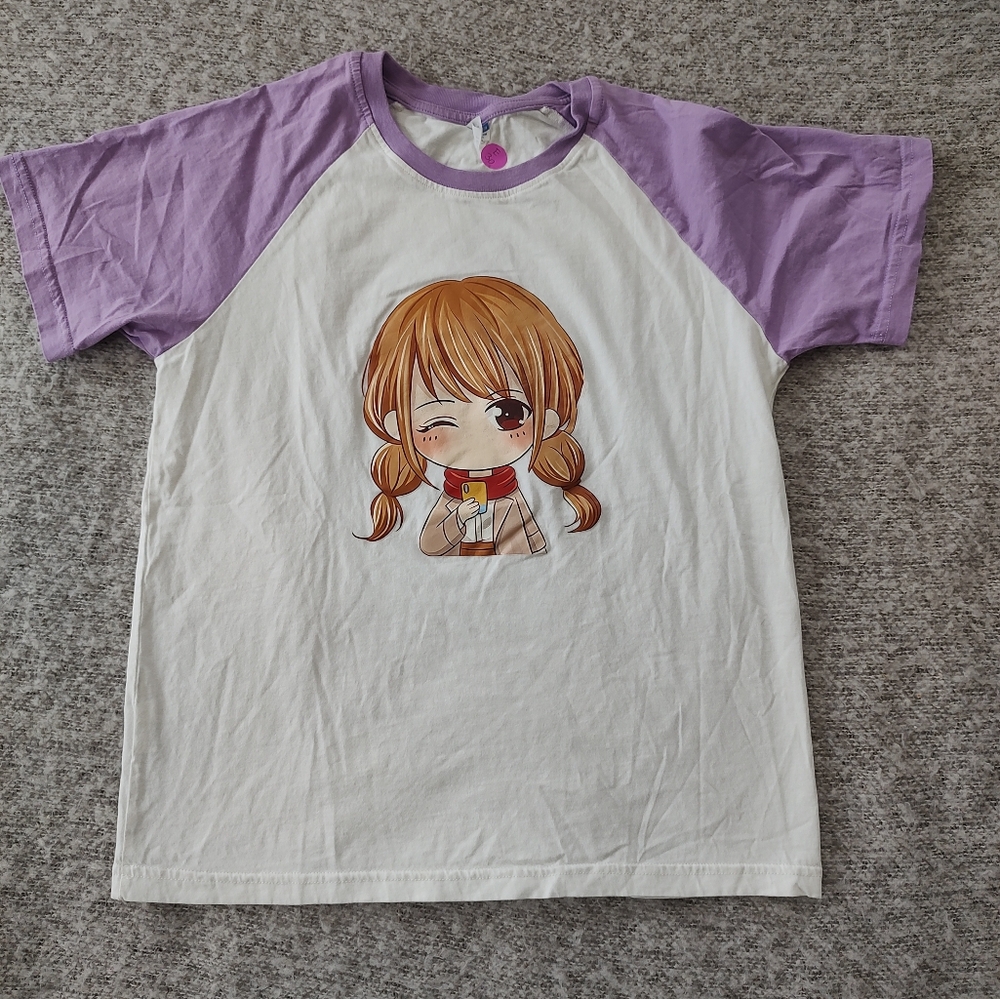 Girls' White Raglan Tee Lavender Sleeves Cute Character Anime Y3K
